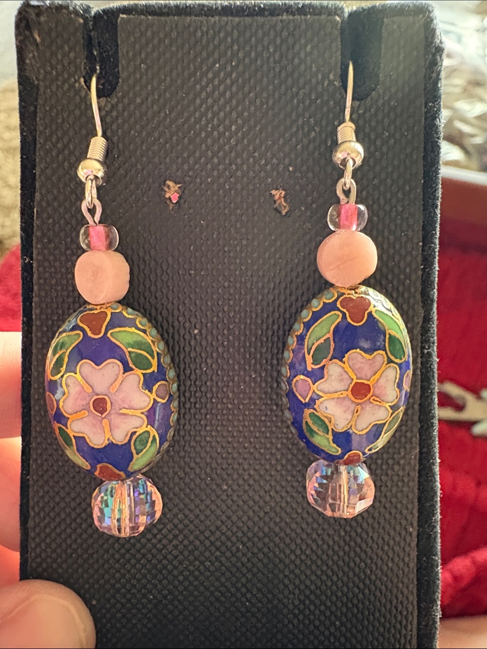 Hand Crafted Floral Cloisonné with AB Crystal Drop Earrings